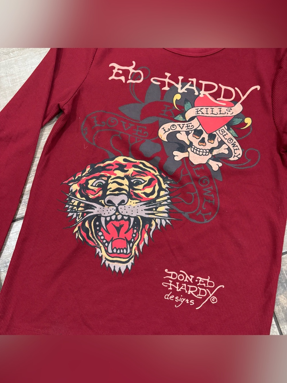 Ed Hardy Y2K Style Thermal Long Sleeve Mens S Burgundy Tiger Tattoo Waffle Knit - Picture 2 of 6